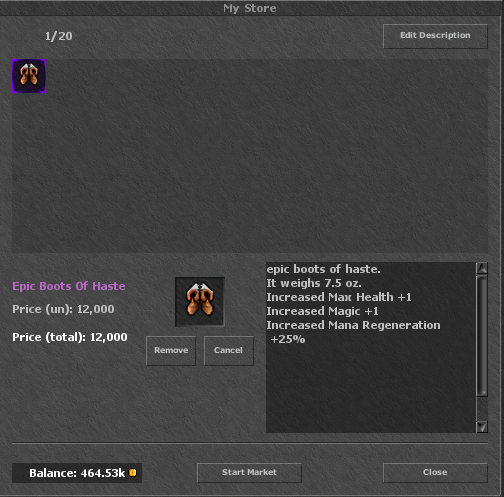 Your shop window: the items on display, the unit price and the total, and your balance at the bottom.